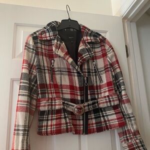 Express Red and Black Plaid Women's Waist Length Moto Style Wool Jacket